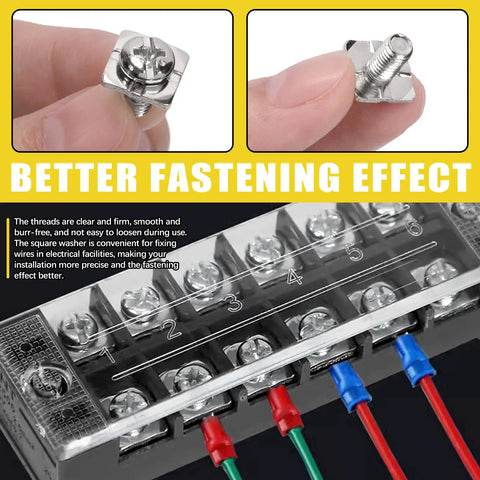 240 Piece Terminal Block Screw Set In 12 Sizes With Nickel Plated Carbon Steel And Square Washers M3 To M5 Dryer Terminal Screws For Quick Wire Fixes And DIY Wiring Projects, shown on terminal block