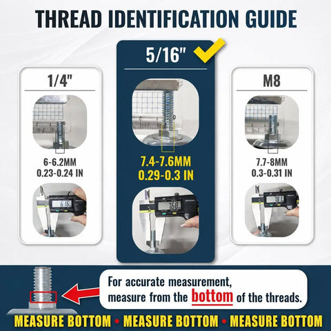 Thread identification guide showing measurements for 1/4", 5/16", and M8 screws, detailing accurate measuring techniques.