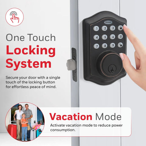 Keyless Entry Door Lock With Smart Electronic Keypad Deadbolt In Oil Rubbed Bronze with one touch locking and vacation mode.