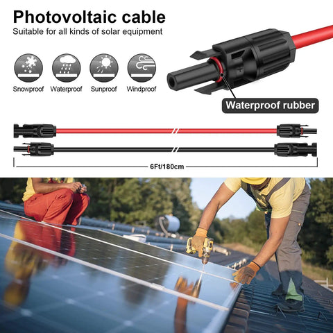 Solar Panel Extension Cable 6 Ft Black And Red, 10 AWG 6mm2 Wire With Male And Female Connectors, shown in outdoor use