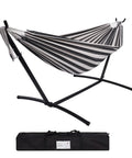 Striped outdoor double hammock with sturdy steel stand heavy duty frame holds up to 450 lb, portable carrying bag included.