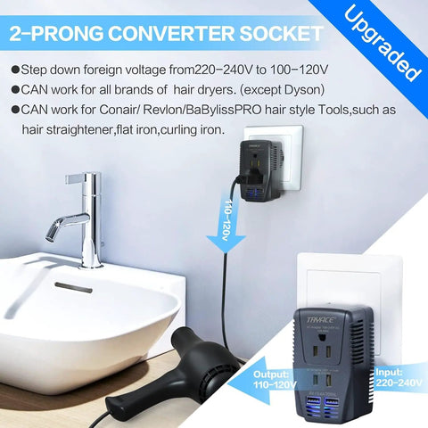 2000W Travel Voltage Converter 220V To 110V Step Down Adapter plugged in with hair dryer, sink nearby