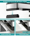 Stainless Steel Sink Caddy With Sponge Holder And Brush Holder Plus Towel Rack And Soap Dispenser Kitchen Sink Organizer For Countertop Must Have Rustproof Easy To Clean Modern Black Finish installed on undercounter and overcounter sinks.