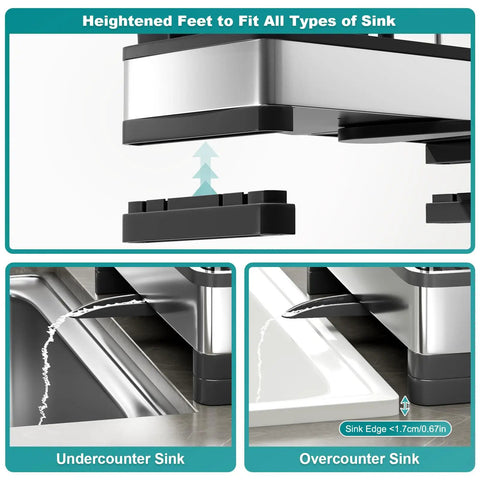 Stainless Steel Sink Caddy With Sponge Holder And Brush Holder Plus Towel Rack And Soap Dispenser Kitchen Sink Organizer For Countertop Must Have Rustproof Easy To Clean Modern Black Finish installed on undercounter and overcounter sinks.