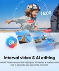 Child enjoying beach with Tiny 4K Vlogging Cam With 128 GB White, Hands Free POV features displayed on screen