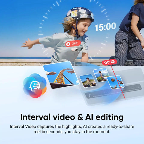 Child enjoying beach with Tiny 4K Vlogging Cam With 128 GB White, Hands Free POV features displayed on screen