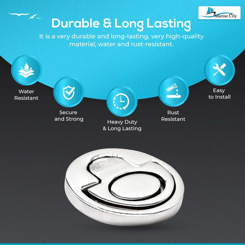 Front view of Marine City round spring-loaded flush lifting ring, 2 in diameter, 316-grade stainless steel.