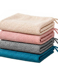 Four Pack Microfiber Coffee Cleaning Towels Set 12x12 Inches With Hanging Loop Must Have Barista Gear grey pink beige stacked