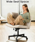 Criss Cross Office Chair No Wheels, comfy cross legged desk chair with adjustable height swivel mid back support wide fabric beige seat.