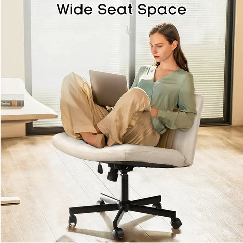 Criss Cross Office Chair No Wheels, comfy cross legged desk chair with adjustable height swivel mid back support wide fabric beige seat.