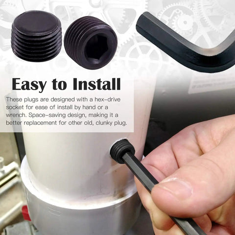 NPT Pipe Plug Set Pro Grade 25 Pieces, Carbon Steel Male Thread Plugs being installed in a pipe with an Allen key.
