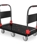 Heavy Duty 2200 Lb Platform Truck With Six Smooth Glide Wheels And Foldable Dual Handrails, black steel deck with red accents.