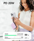 Keep Your Gadgets Juiced 10000mAh Power Bank With Four Built In Cables Fast Charging Portable Battery Pack For Smartphones And Tablets Lightweight Travel Charger In Bold Purple held in hand with smartphone.