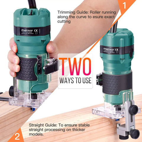 Compact Palm Router Tool For Woodworking, Handheld Trimmer And Joiner in use, showing edge routing and trimming guides.
