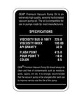 OEMTOOLS vacuum pump oil label on a black background showing specifications such as viscosity, viscosity index, API gravity, flash point, pour point, and color.