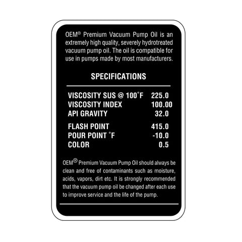 OEMTOOLS vacuum pump oil label on a black background showing specifications such as viscosity, viscosity index, API gravity, flash point, pour point, and color.