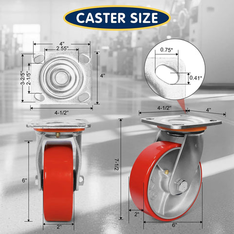 Heavy Duty 6X2 Inch Caster Set Of 4 With Polyurethane Treads And Cast Iron Cores, 5000 Lb Capacity Industrial Swivel Plate Casters