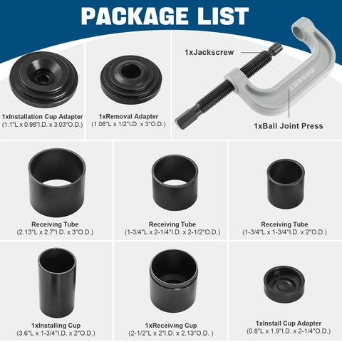 DASBET ball joint press tool kit; gray C-clamp style press with 10-piece set of adapters, cups and tubes