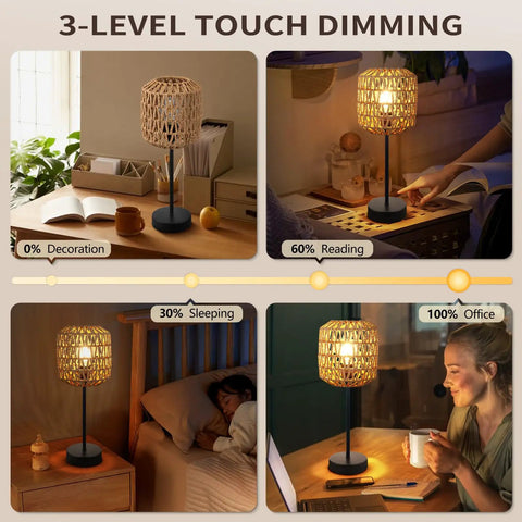 3-level touch dimming of Rustic Rattan Table Lamp With Handmade Woven Shade, Dimmable Touch Control Boho Nightstand Light