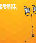 Twin 500 Watt Portable Halogen Work Light With Telescoping Stand Up To 42 Inches on an orange background.