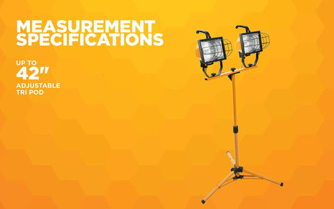 Twin 500 Watt Portable Halogen Work Light With Telescoping Stand Up To 42 Inches on an orange background.