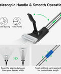 68 Inch Metal Rake With Adjustable Handle Built For Heavy Duty Leaf Cleanup And Thatch Removal, stainless steel tines close-up