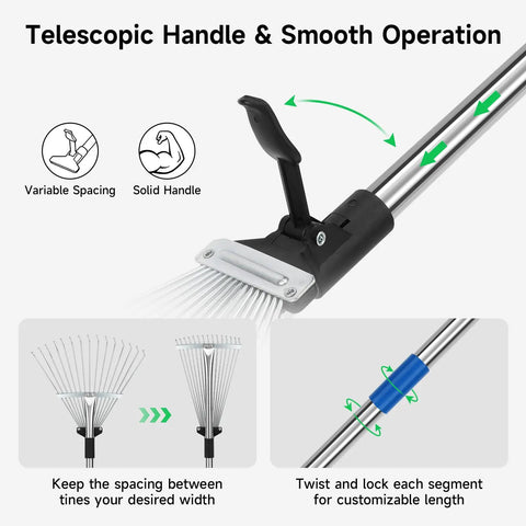 68 Inch Metal Rake With Adjustable Handle Built For Heavy Duty Leaf Cleanup And Thatch Removal, stainless steel tines close-up