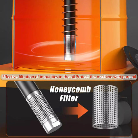 Professional Grade No Sweat Heavy Duty Pneumatic Grease Pump With Aluminum Gun 40 Liter Tank showing honeycomb filter and oil filtration.