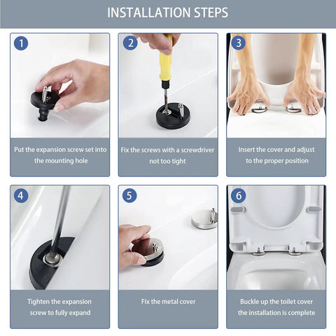 Installation steps for Zero Drama Soft Close Toilet Seat White Square Shape with flexible mounting holes and adjustment.