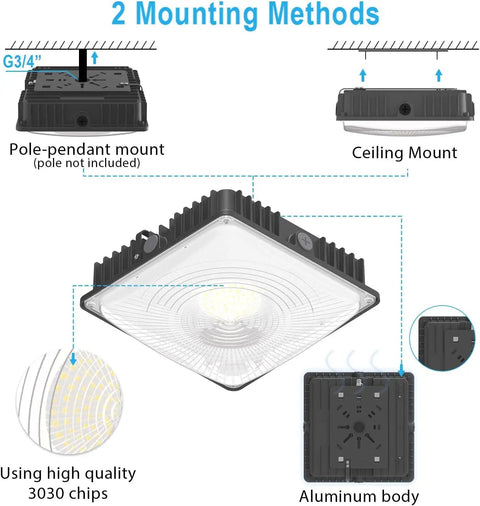 High Bright LED Canopy Light Fixture 70W Replaces 500W HID Low Profile 5850 Lumens 5700K Cool White IP65 Waterproof with mounting options