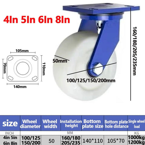 Heavy Duty Industrial Caster Wheels Set Of 4 For 4in 5in 6in 8in Carts And Furniture Dual Locking Nylon Plate dimensions shown