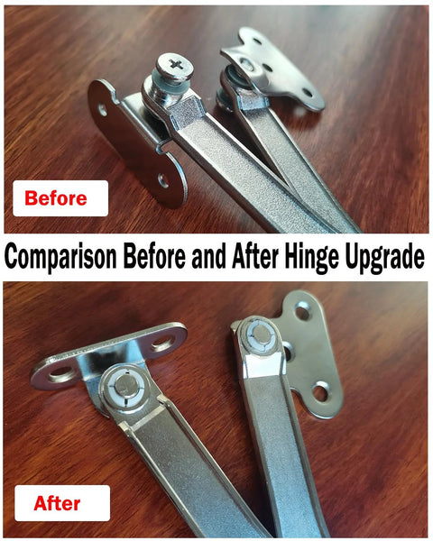 Comparison of "Before and After" images of 2 Pack Concealed Cabinet Hinges With Soft Close Heavy Duty Zinc Alloy Door Hinges Adjustable Tightness Slow Close Safety Hardware For Cabinets And Toy Chests Durable Lid Support Hinges.