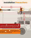 Diagram of garage ceiling storage lift system for roof top tent hoist with pulley, showing installation precautions and vehicle setup.