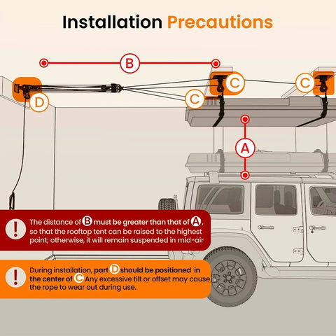 Diagram of garage ceiling storage lift system for roof top tent hoist with pulley, showing installation precautions and vehicle setup.
