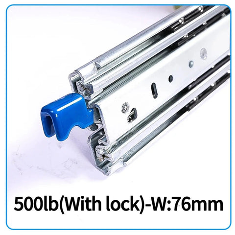 Beefy Heavy Duty Drawer Slides 10 To 60 Inches, 500 Pound Load Capacity, Side Mount, Smooth Silent Operation, Rust Resistant Steel With Ball Bearing Rollers, Electroplated And Powder Coated Finish, 76mm wide lock slide