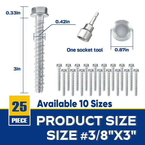 Three Eighth Inch By Three Inch Large Diameter Concrete Screw 25 Pack Beefy Heavy Duty Concrete Anchors For Brick Block Wood Framing Zinc Plated Hex Screws Today with dimensions and socket tool