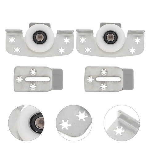 Heavy Duty Sliding Door Wheels For Cabinets And Closets 2 Pack Adjustable Iron Rollers with smooth white wheels and metal brackets.