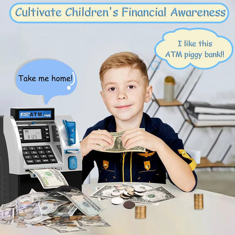 Child playing with Kids ATM Piggy Bank With Debit Card And PIN Digital Coin Counter And Bill Feeder Educational Savings Toy for boys and girls ages 3 to 12.