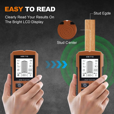 Wall Stud Finder 3 Mode Wall Scanner For Accurate Stud Metal Ac Wire Detection For Home Renovation On Slat Wallpaper Painted Wall Ceiling, LCD display in use.