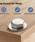 Close-up of 3/8 Inch By 4 Inch Hex Head Lag Screws With Flat Washers And Hex Bit 304 Stainless Steel for wood installation.