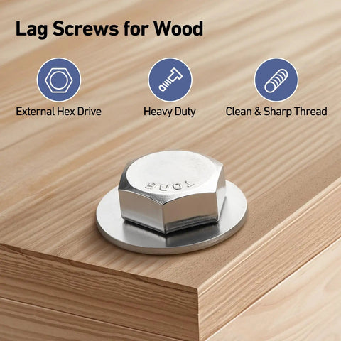 Close-up of 3/8 Inch By 4 Inch Hex Head Lag Screws With Flat Washers And Hex Bit 304 Stainless Steel for wood installation.