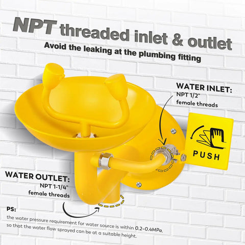 Wall Mounted Emergency Eye Wash Station With OSHA Approval, Stainless Steel 304 Plus Epoxy Coating, NPT Thread details