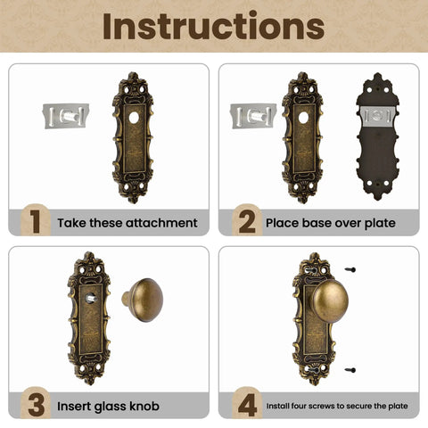 Instructions for installing antique bronze door handles, Bronze Interior Dummy Door Knobs, 2 Pack, with step-by-step guide.