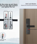 Slick Smart Fingerprint Door Lock With Comfort Grip Handle, featuring anti-lock button and adjustable screw mechanism.