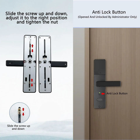 Slick Smart Fingerprint Door Lock With Comfort Grip Handle, featuring anti-lock button and adjustable screw mechanism.