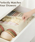 Fabric Drawer Organizers For Clothes, Dresser Bins With Adjustable Divider Panels, Closet Storage Cubes For Baby Knickknacks And Underwear, Beige Four Pack holding bras and socks in a drawer.