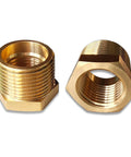 Two brass reducer adapters, 3/4 in male to 1/2 in female NPT, hex fittings.