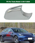 Premium Chrome Mirror Lower Cap For Tesla Model 3 Right Side Rearview Wing Tray Replacement, chrome cover detail and vehicle angle.