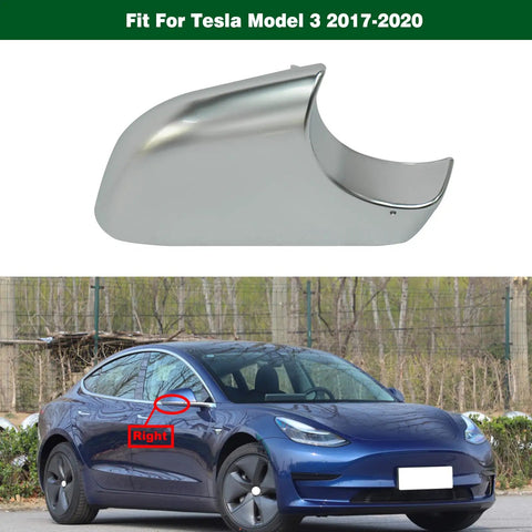 Premium Chrome Mirror Lower Cap For Tesla Model 3 Right Side Rearview Wing Tray Replacement, chrome cover detail and vehicle angle.