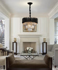 Three Tier Black Rose Gold Crystal Chandelier Round 16 Inch Flush Mount Pendant Light in a stylish living room
